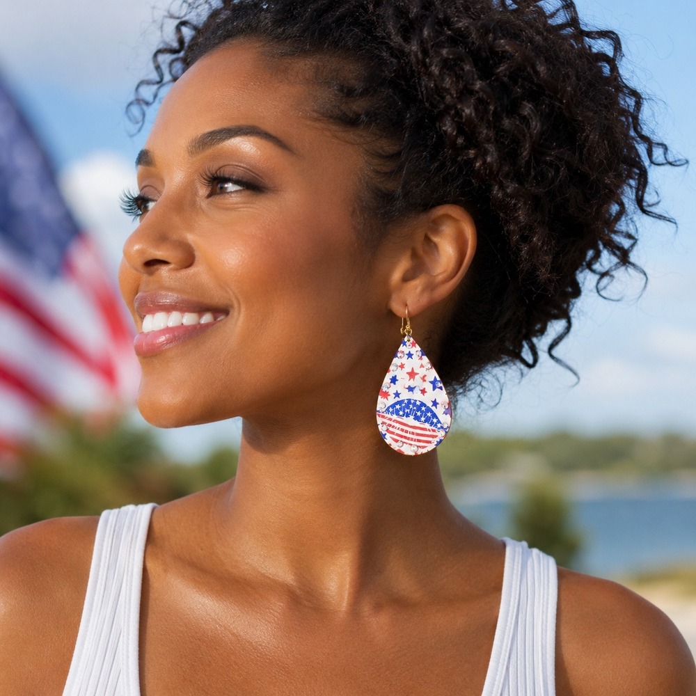 Women's Earrings Patriotic Teardrop Red White Blue Rhinestone